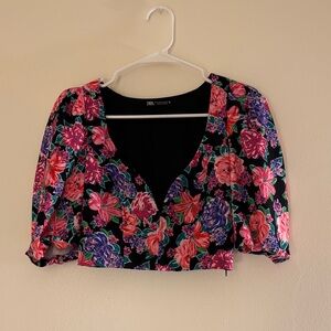 ZARA Cropped Floral Puff Sleeve Top